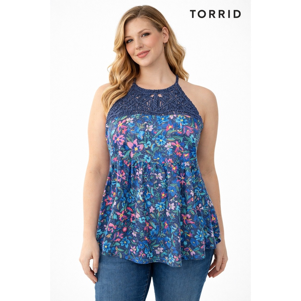 Torrid 00 Crochet Halter Neck‎ Floral Print A Line Dress Blue Pink Green